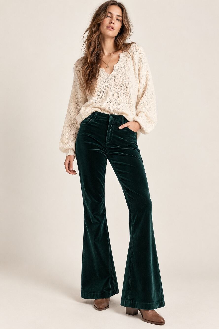 Free People Oxanna Jewel Green Stretch Velvet Flared Pants Size 29
